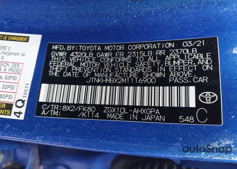 2021 Toyota C-Hr Xle from USA, damaged, VIN JTNKHMBX2M1116900